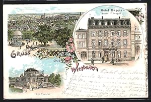 Lithographie Wiesbaden, Hotel Happel, Bes. P. Happel, Kgl. Theater, Ortsansicht