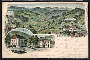 Lithographie St. Ulrich / Breisgau, Gasthaus z. Rössle, Rathaus, Teufelsstein