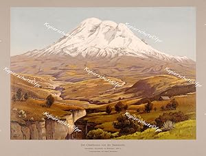 Bild des Verkufers fr Der Chimborazo von der Sdostseite" hochwertiges Faksimile in Gicledruck auf 250g Schwarzwaldmhle Kunstdruck-Karton (21x28cm) nach einer in kleiner Auflage1907 in Berlin erschienen Lithographie nach einem Tempera-Gemlde von Reschreiter zum Verkauf von Kunsthandel & Antiquariat Magister Ru