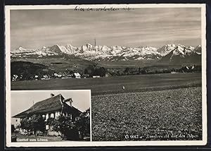 Ansichtskarte Zimmerwald, Gasthof zum Löwen, Ortsansicht mit den Alpen