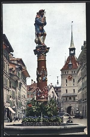 Ansichtskarte Bern, Dudelsackpfeiferbrunnen, Uhrturm