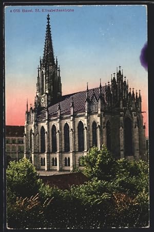 Ansichtskarte Basel, St. Elisabethenkirche mit Bäumen