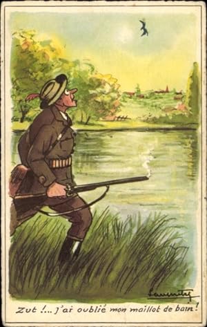 Künstler Ansichtskarte / Postkarte Jagdszene, abgeschossener Vogel fällt in den See