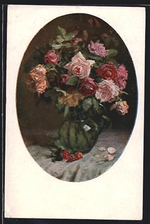 Künstler-Ansichtskarte M. Munk Nr. 1176: Vase mit Rosen