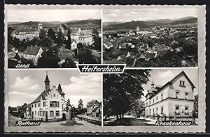 Ansichtskarte Heitersheim, Das Schloss, das Rathaus mit Kriegerdenkmal, das Krankenhaus