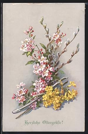Künstler-Ansichtskarte M. Munk Nr. 961: schönes Blumengebinde mit kleinem Schwert