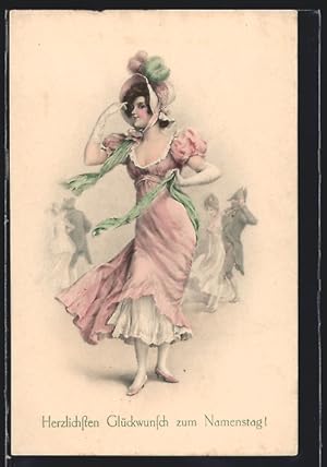 Künstler-Ansichtskarte M. Munk Nr. 519: Junge Dame im rosafarbenen Kleid, Glückwunsch zum Namenstag