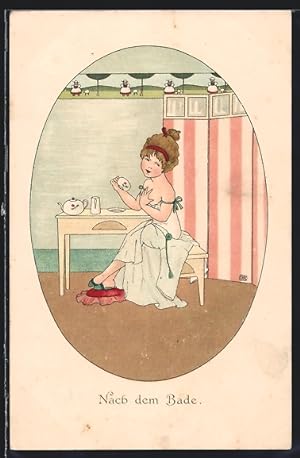 Künstler-Ansichtskarte Mädchen hat Tee nach dem Bade