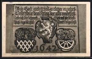 Ansichtskarte Marktredwitz, Wappen mit Inschrift am Rathaus