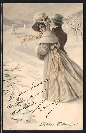 Künstler-Ansichtskarte M. Munk Nr. 465: Paar in winterlicher Landschaft, Weihnachtsgruss