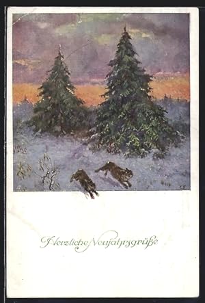 Künstler-Ansichtskarte M. Munk Nr. 1273: Winterlandschaft mit Tannen und Hasen, Neujahrsgruss