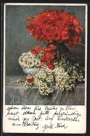 Künstler-Ansichtskarte M. Munk Nr. 1184: Stillleben mit Mohnblumen und Gänseblumen