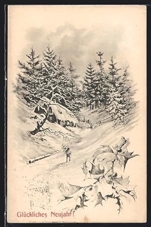 Künstler-Ansichtskarte M. Munk Nr. 102: Mann mit Tanne in winterlicher Landschaft, Neujahrsgruss