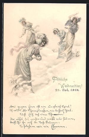 Künstler-Ansichtskarte M. Munk Nr.: Vier Damen bei der Schneeballschlacht