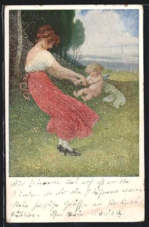 Künstler-Ansichtskarte M. Munk Nr. 1311: Frau wirbelt Amor herum