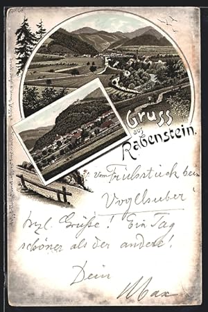 Vorläufer-Lithographie Rabenstein, 1895, Panoramablick auf Ort und Umgebung