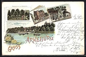 Lithographie Arneburg, Marktplatz mit Hotel zum schwarzen Adler, Restaurant zur Fährstelle, Kaise...