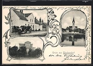 Ansichtskarte Bleckendorf, Strassenpartie mit Kutsche, Kirche am Wasser