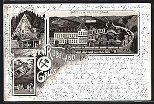 Vorläufer-Lithographie Rübeland i. Harz, 1894, Hotel zur Grünen Tanne, Baumannshöhle, Hermanns-Höhle