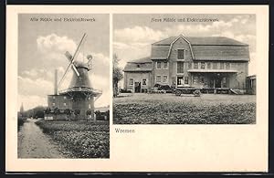 Ansichtskarte Wremen, Elektrizitätswerk, Alte Windmühle, Neue Mühle