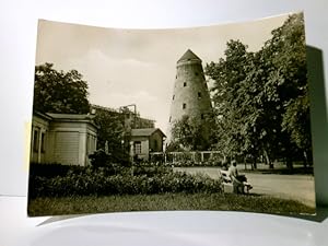 Volksbad Salzelmen. Alte Ansichtskarte / Postkarte s/w, gel. um 1970. Alter Soleturm mit Rosarium.