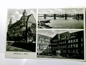 Bild des Verkufers fr Offenbach / Main. Alte Ansichtskarte / Postkarte s/w, gel. 1934. 3 Ansichten: Schloss, Mainbrcke, Technische Lehranstalt. zum Verkauf von ABC Versand e.K.