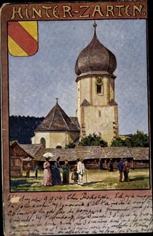 Künstler Litho Dischler, H., Hinterzarten im Südschwarzwald, Kirche, Marktbuden, Wappen