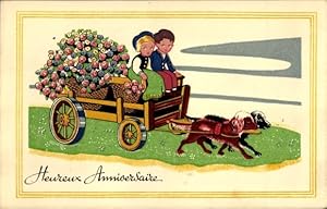 Ansichtskarte / Postkarte Glückwunsch, Hundekarren, Arbeitshunde, Kinder, Blumen