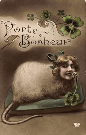 Ansichtskarte / Postkarte Frau mit Rattenkörper, Glückwunsch, Glücksklee