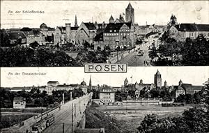 Ansichtskarte / Postkarte Posen, An der Schlossbrücke, An der Theaterbrücke, Straßenbahn, Eisenbahn