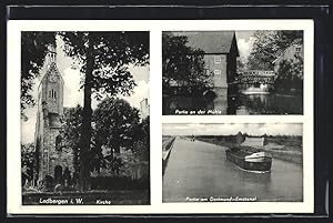 Ansichtskarte Ladbergen i. W., Partie an der Mühle, Kirche, Doartmund-Emskanal