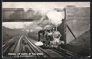 Postcard L, NW Railway, Picking up water at full speed