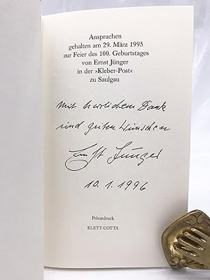 [Signiert] Ansprachen gehalten am 29. März 1995 zur Feier des 100. Geburtstages von Ernst Jünger ...