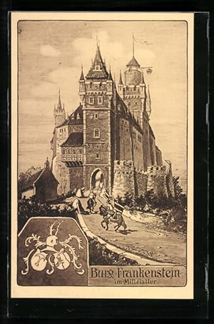 Künstler-Ansichtskarte Mühltal / Hessen, Burg Frankenstein im Mittelalter, Burg-Wappen
