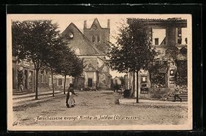 Ansichtskarte Soldau /Ostpreussen, Zerschossene evang. Kirche