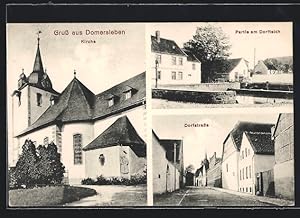 Ansichtskarte Domersleben, Dorfstrasse, Dorfteich-Partie, Kirche