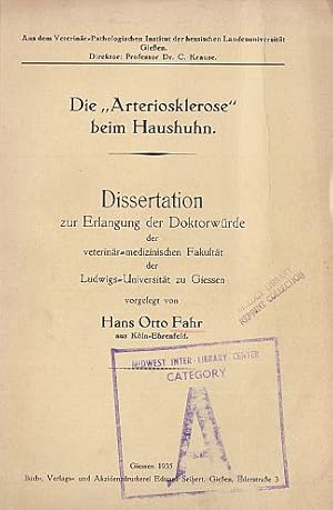 "Die Arteriosklerose" beim Haushuhn. Dissertation.