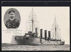 Postcard H.M.S. Drake auf hoher See, Portrait Rear-Admiral H.S.H. Prince Louis Alexander of Batte...