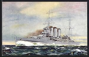 Künstler-Postcard HMS Cumberland in voller Fahrt