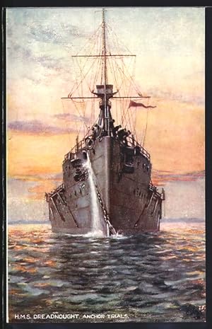 Künstler-Postcard Britisches Kriegsschiff HMS Dreadnought, Bugansicht in der Dämmerung