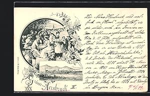 Seller image for Ansichtskarte Hersbruck, Gesamtansicht aus der Ferne, Gste und Kellnerin im Garten for sale by Bartko-Reher