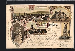 Lithographie Herford, Teilansicht, Postamt, Wappen