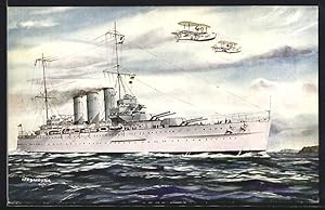 Künstler-Postcard Kriegsschiff HMS Sussex mit Wasserflugzeugen