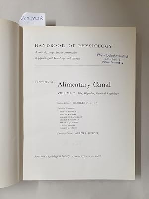 Bild des Verkufers fr Handbook Of Physiology : Section 6 : Alimentary Canal : Volume V : Bile; Digestion; Ruminal Physiology : zum Verkauf von Versand-Antiquariat Konrad von Agris e.K.