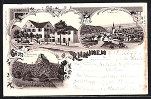 Lithographie Rhaunen, Hotel Ehrhardt, Schmidtburg, Totalansicht