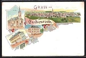 Lithographie Enchenreuth, Rathaus, Schule, Kirche, Ortsansicht