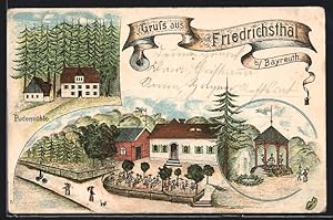 Lithographie Friedrichsthal b. Bayreuth, Pudermühle, Gasthaus, Pavillon