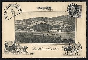 Künstler-Ansichtskarte Stahlbad Bocklet, Blick über Weiden auf die Ortschaft, Kutsche, Reiter, Ga...