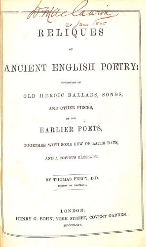 Immagine del venditore per Reliques of Ancient English Poetry Consisting of Old Heroic Ballads, Songs, and Other Pieces of our Earlier Poetsm Together with some few of Later Date and a Copious Glossary venduto da WeBuyBooks