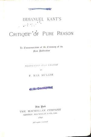 Seller image for Immanuel Kant's Critique of Pure Reason. In Commemoration of the Centenary of its First Publication for sale by WeBuyBooks 2